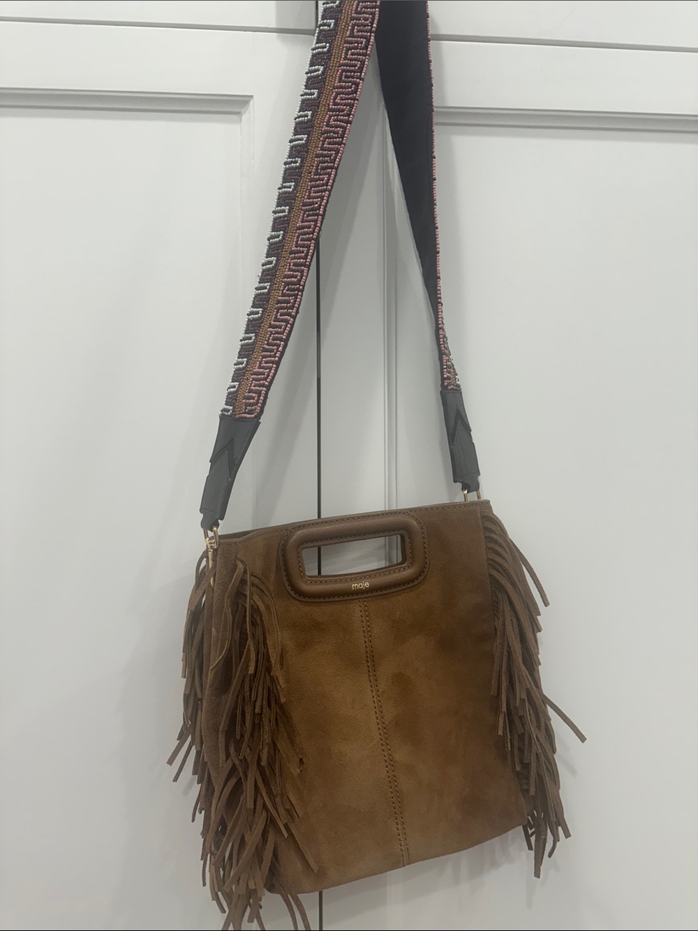 Maje brown suede bag with fringe and beaded strap